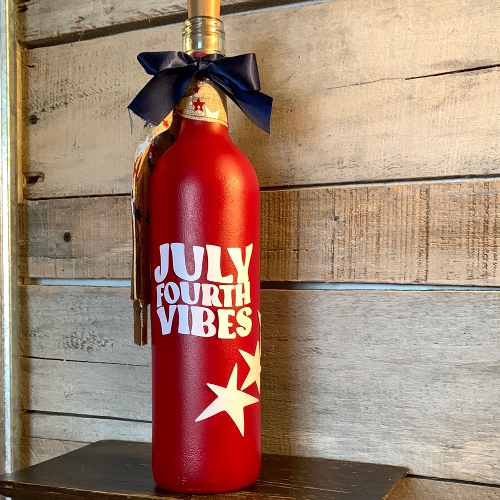 Hand Crafted- Hand Painted Red ‘July Fourth Vibes’ Win Bottle Lantern
